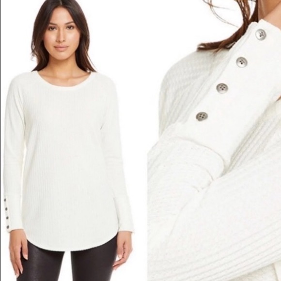 Chaser Long Sleeve Waffle Knit Top Small Cream - Picture 2 of 11